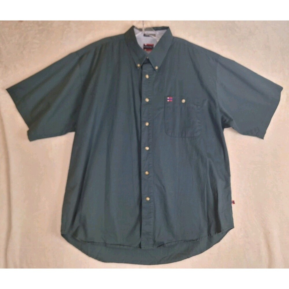 Bugle Boy Mens XXL Green Short Sleeve Button Down Solid Logo Classic Pure Cotton